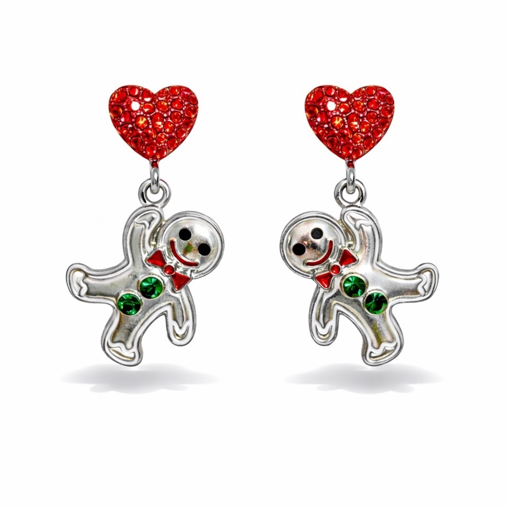 ⚜️ Silver Gingerbread Man Earrings with Red Hearts